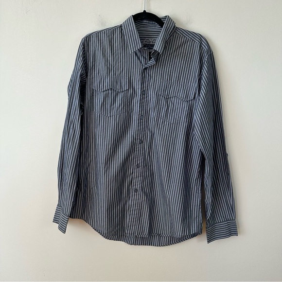 7 Diamonds | Gray Striped Embroidered Back Button Down Shirt Men's Large - Picture 2 of 8